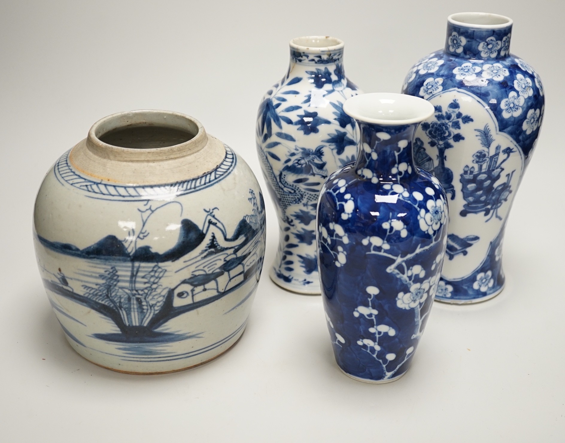 Three Chinese blue and white vases and a similar jar, 19th century, tallest 22.5 cm